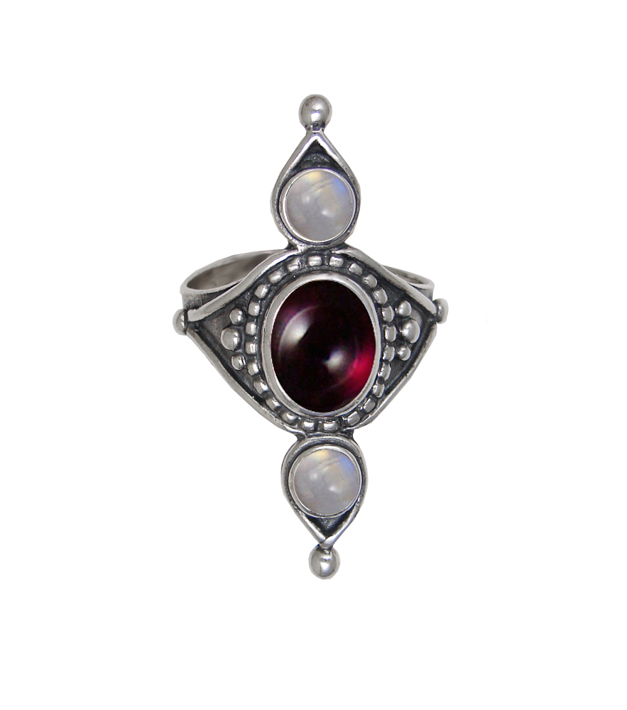 Sterling Silver Royal Ring With Garnet And Rainbow Moonstone Size 10